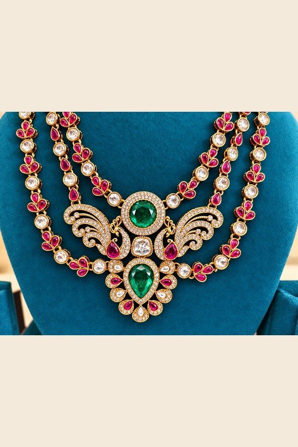 Close-up of the peacock-inspired centrepiece with emerald-toned stones and ruby-toned petals