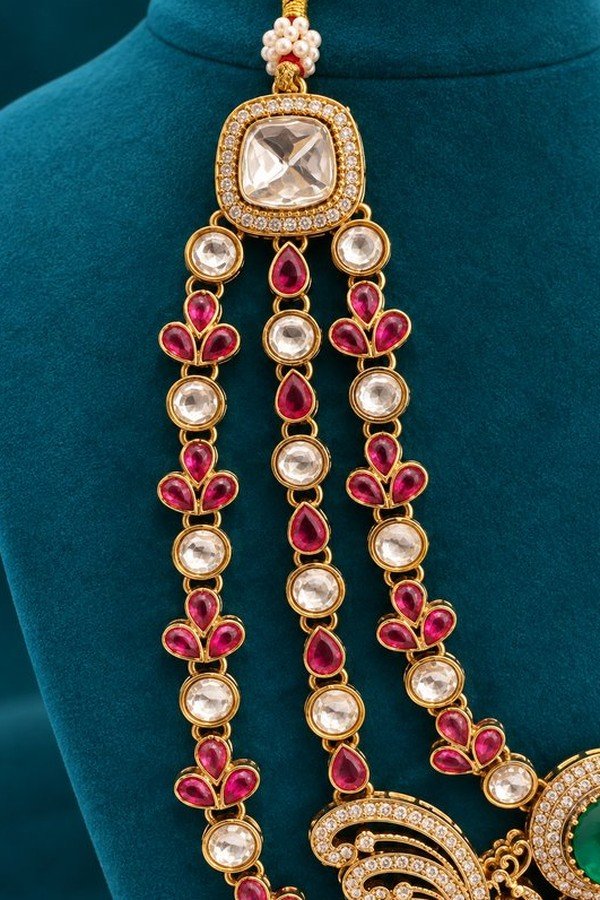 Detail of the three kundan-style and ruby-toned strands with square side stone and pearl-look bead cluster