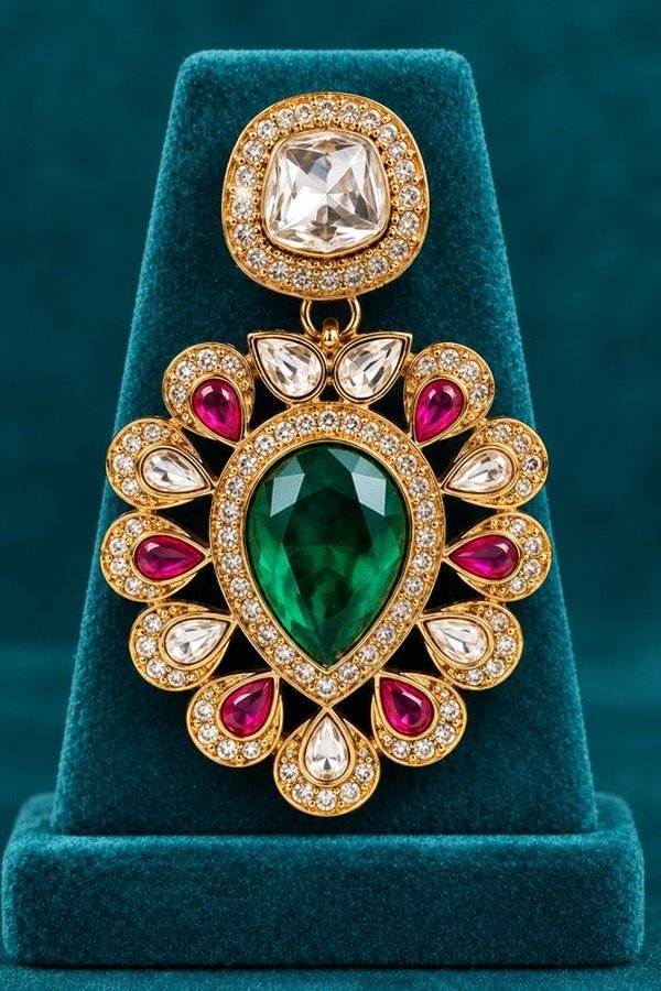 Close-up of one Mayur earring with square kundan-style top and emerald-toned teardrop
