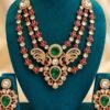 Mayur kundan three-strand necklace set with matching earrings, front view