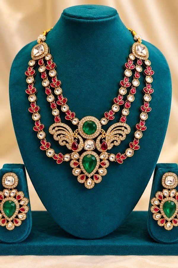 Mayur kundan three-strand necklace set with matching earrings, front view