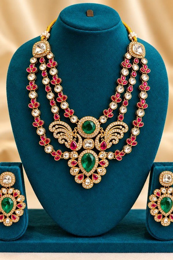 Mayur kundan three-strand necklace and earrings displayed on a teal stand