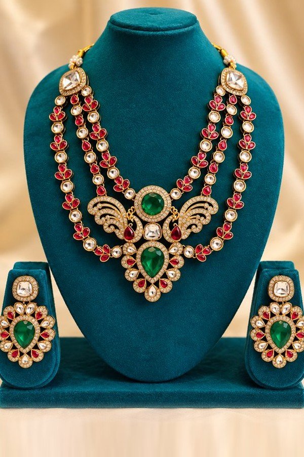 Mayur kundan three-strand necklace with emerald-toned peacock centrepiece and matching earrings on a teal velvet stand