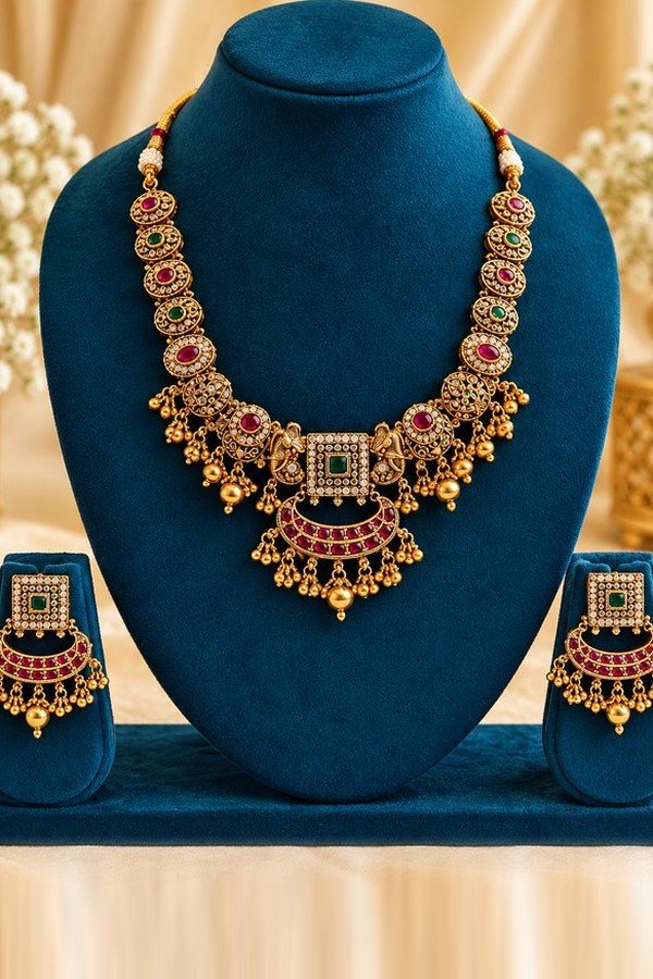 opulence-design10-1-600x900 Ruby-red temple necklace with crescent pendant and matching earrings on a teal stand