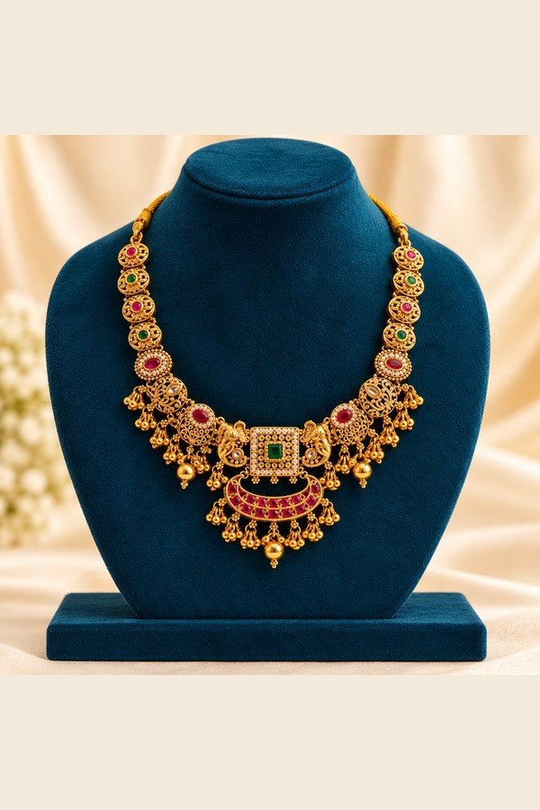 opulence-design10-2-600x900 Ruby-red temple necklace with bead drops, front view
