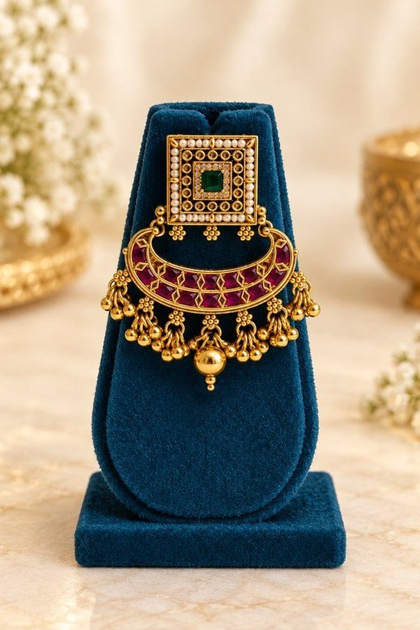 opulence-design10-3-600x900 One temple earring with square top and ruby-red crescent with bead drops