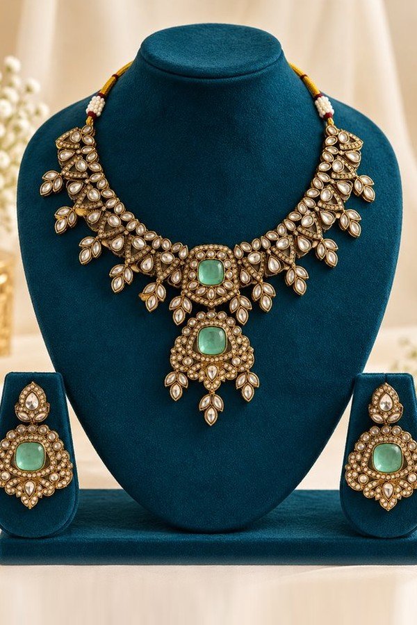 Mint kundan necklace and earrings on a teal velvet stand