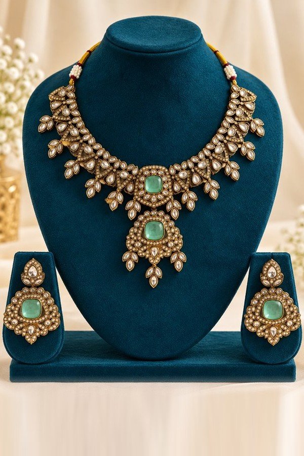 Mint kundan necklace with mint-toned centre stones and matching earrings