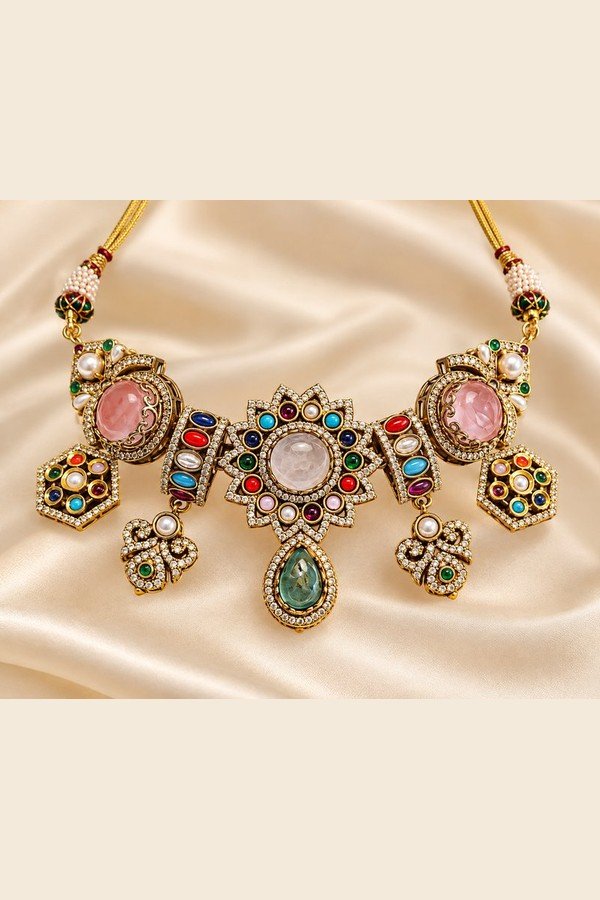 Navratna rose stone choker with sunburst centre, pink ovals and hexagon drops on ivory satin
