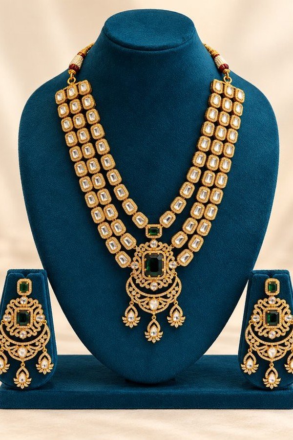 opulence-design13-1-600x900 Three-row kundan rani haar and chandbali earrings on a teal velvet stand