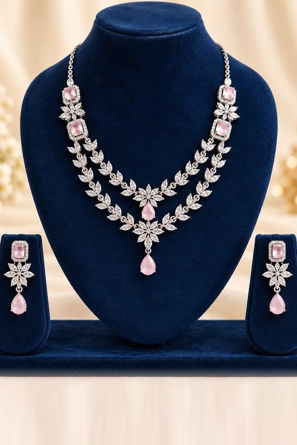 opulence-design14-2-600x900 Blush pink American diamond necklace set, front view