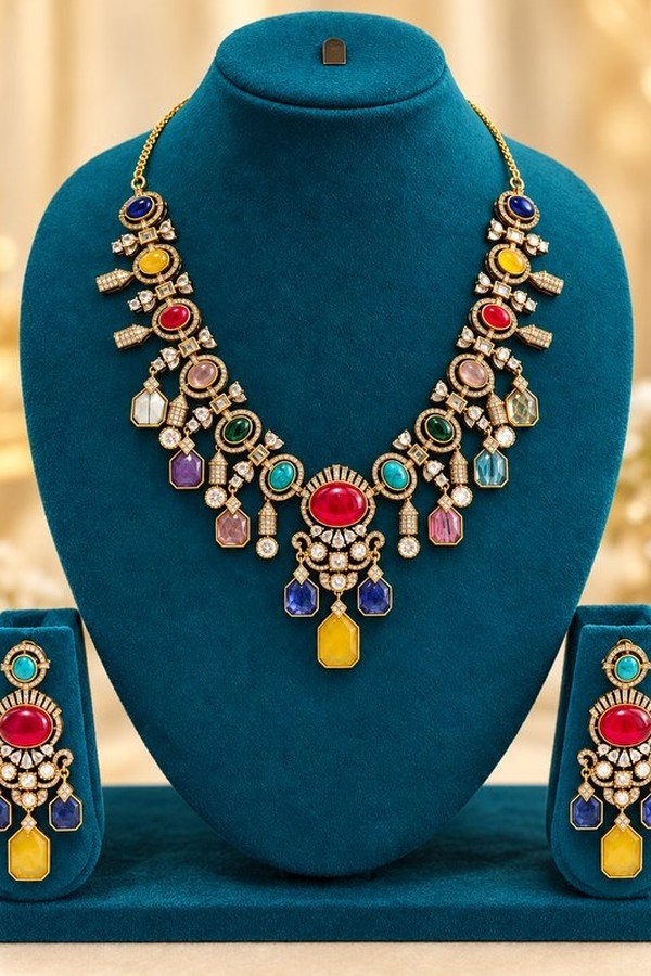 opulence-design2-1-600x900 Navratna-colour stone necklace set with matching earrings, alternate view