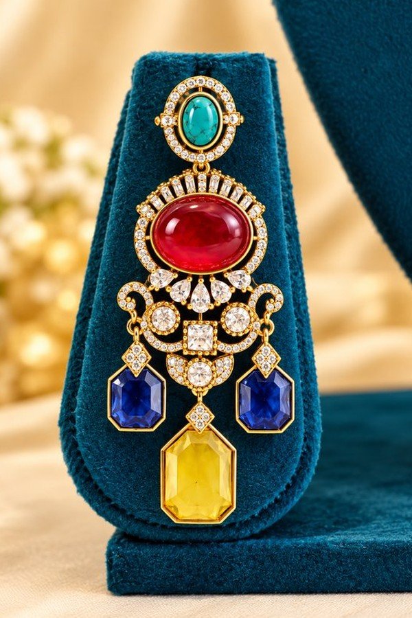 opulence-design2-2-600x900 Close-up of one earring with turquoise-coloured top, red oval and blue and yellow drops