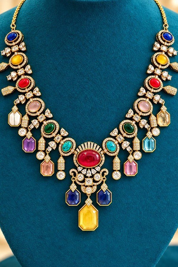 opulence-design2-3-600x900 Close-up of the multicolour stone necklace with oval cabochons and hexagon drops