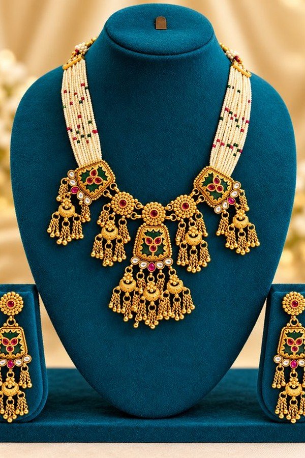 opulence-design3-1-600x900 Green meenakari multi-strand necklace set with matching earrings on a teal stand