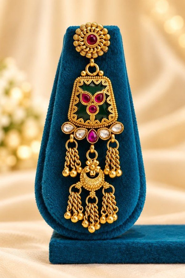opulence-design3-2-600x900 Close-up of one earring with floral stud, green panel and gold-tone tassels