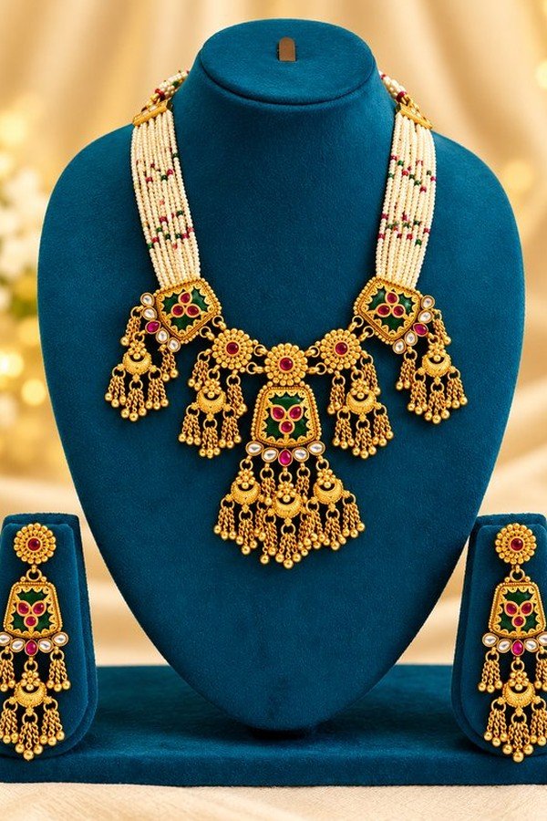 opulence-design3-3-600x900 Green meenakari necklace set with pearl-look strands, alternate view