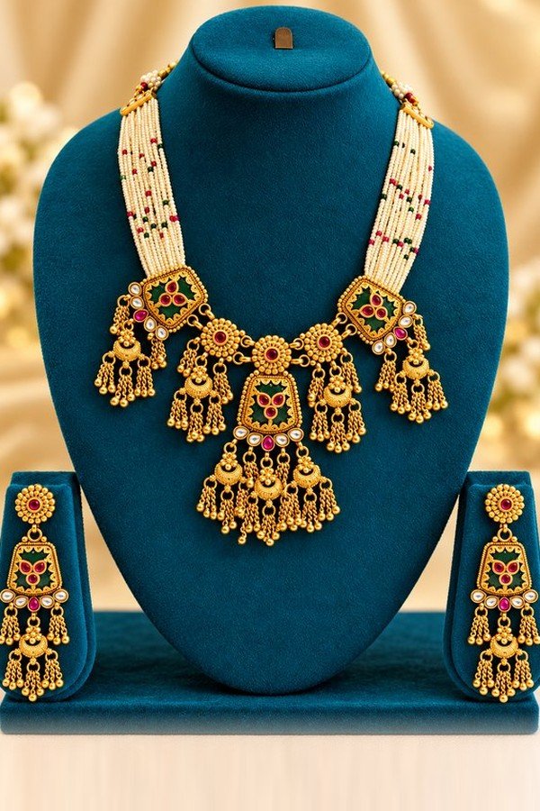 opulence-design3-main-600x900 Green meenakari multi-strand necklace with pearl-look beads, gold-tone tassels and matching earrings