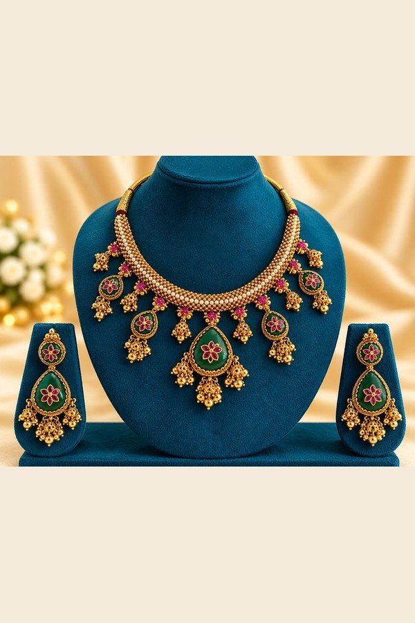 Emerald-green meena jhumka choker necklace and matching earrings on a teal velvet stand