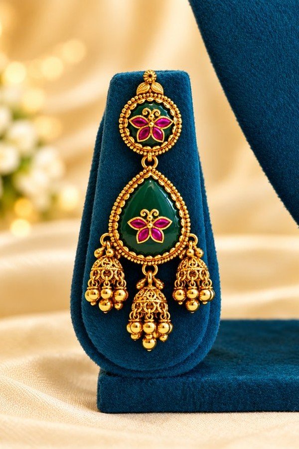 Emerald-green meena jhumka earring on a teal stand, side light
