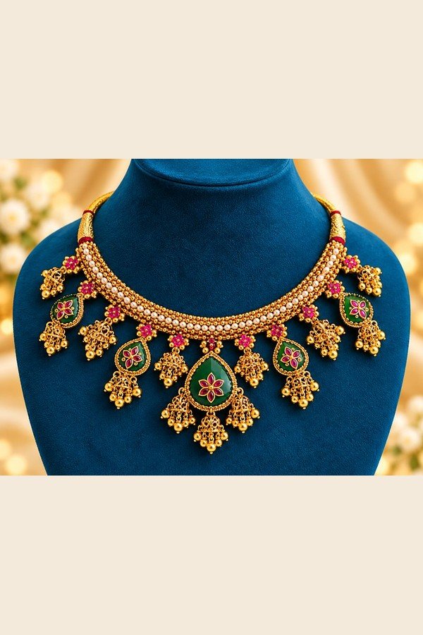 Close-up of the choker with pearl-look bead row, emerald-green panels and jhumka drops