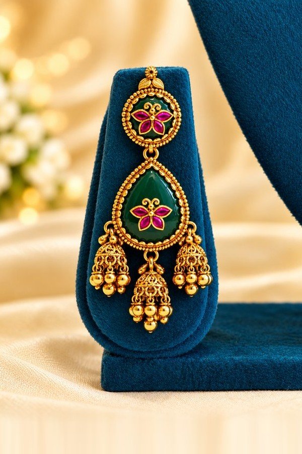 One emerald-green meena jhumka earring with pink floral motif and three jhumkas