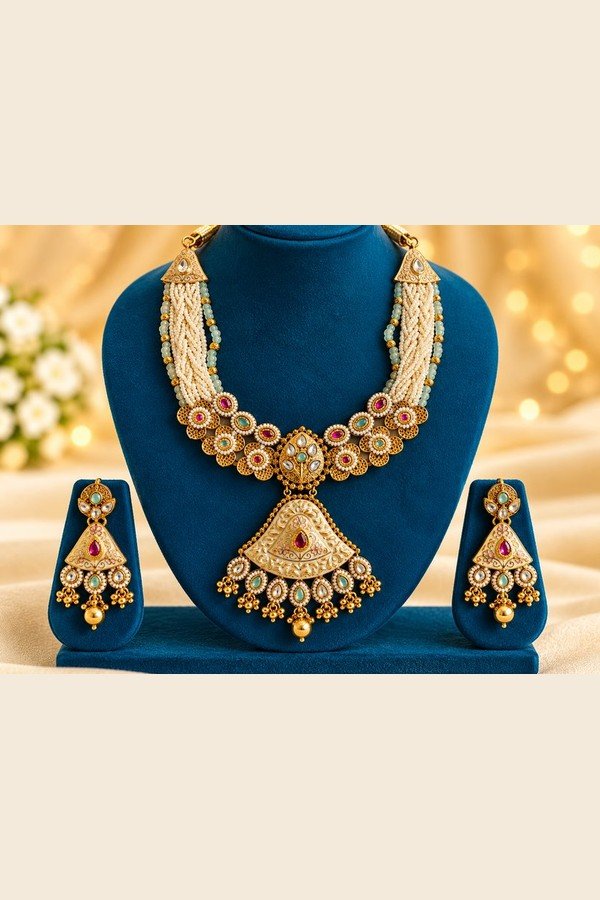 opulence-design5-1-600x900 Ivory meena necklace with pearl-look and mint bead strands and matching earrings on a teal stand
