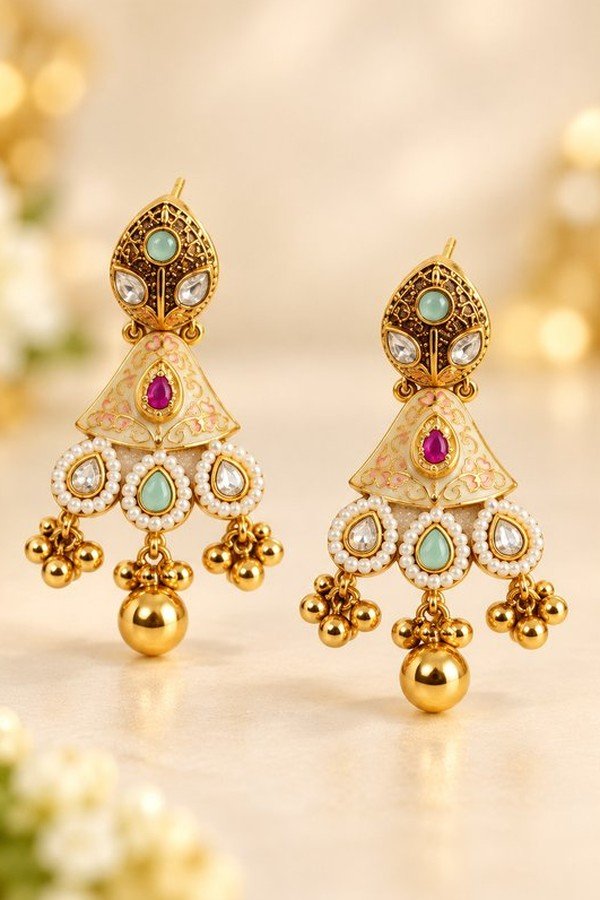 opulence-design5-2-600x900 Ivory meena jhumki earrings with pearl-look edging, close-up
