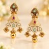 opulence-design5-main-600x900 Pair of ivory meena jhumki earrings with mint and pink stones and gold-tone bead drops