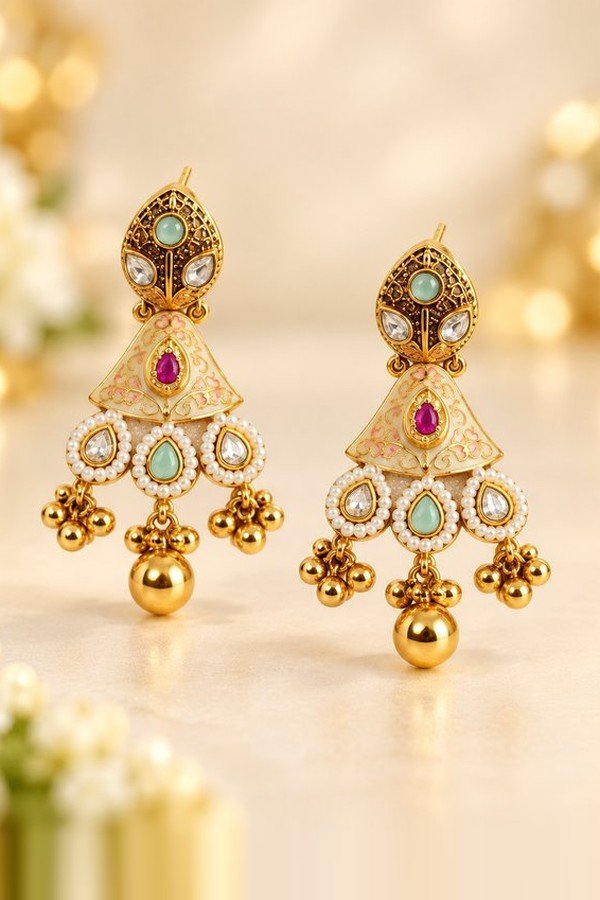 opulence-design5-main-600x900 Pair of ivory meena jhumki earrings with mint and pink stones and gold-tone bead drops