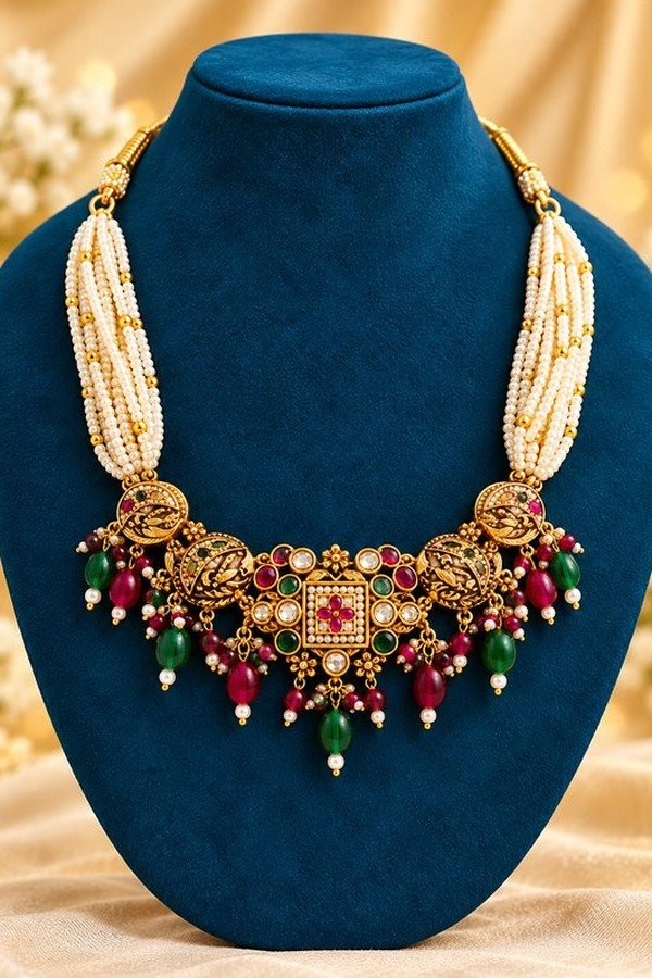 opulence-design6-1-600x900 Pearl-look multi-strand choker on a navy velvet stand, alternate view