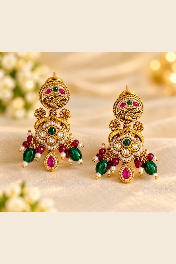 opulence-design6-2-600x900 Pair of matching earrings with engraved stud, pearl-look ring and ruby- and emerald-toned beads