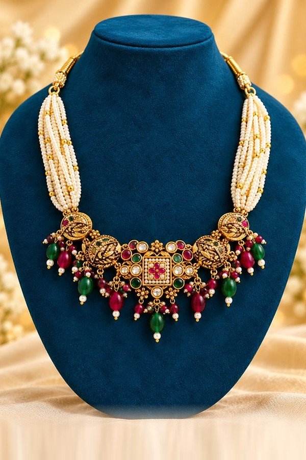 opulence-design6-main-600x900 Pearl-look multi-strand choker with antique-finish centrepiece and ruby- and emerald-toned bead drops
