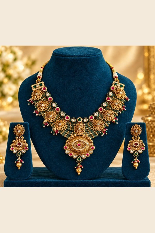 opulence-design7-1-600x900 Antique floral medallion necklace with green bead strands and matching earrings on a navy stand