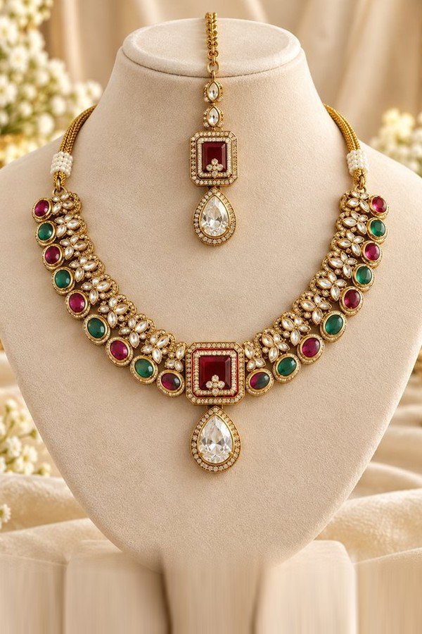 Kundan necklace and maang tikka on a cream velvet stand