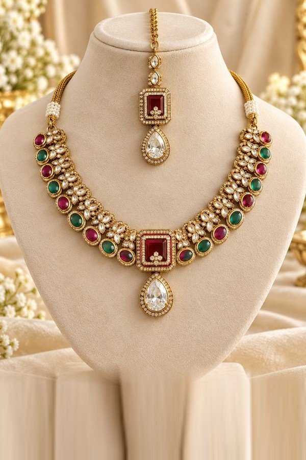 Kundan-style necklace with square ruby-toned centre and clear teardrop, with matching maang tikka