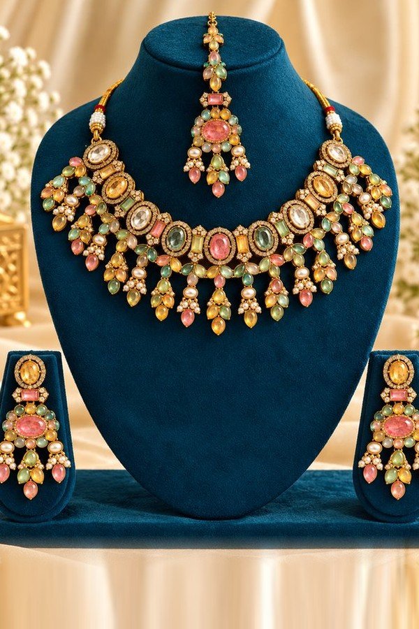 Pastel stone necklace, maang tikka and earrings on a teal velvet stand
