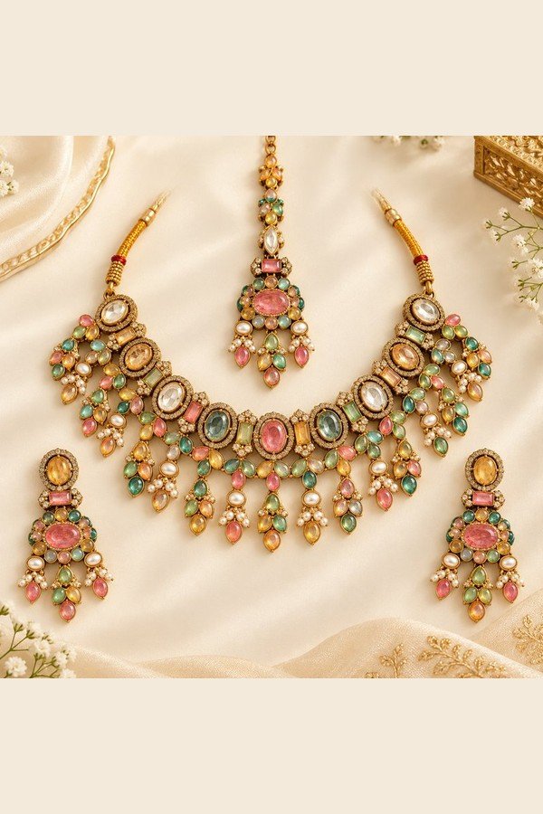 Pastel stone necklace set with maang tikka and earrings laid flat on ivory fabric