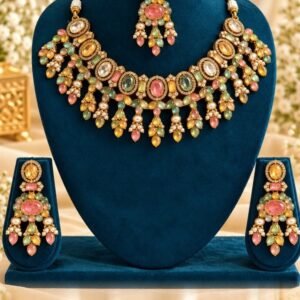 Pastel stone necklace set with maang tikka and earrings