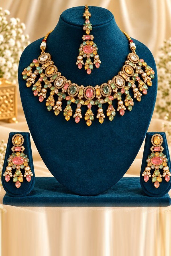 Pastel stone necklace set with maang tikka and earrings
